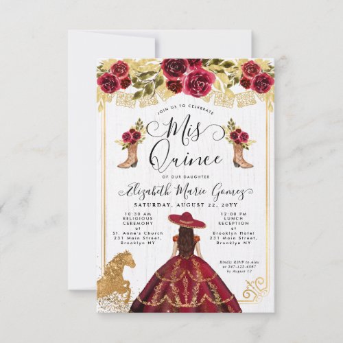 Budget Floral Burgundy Latina Charra Quinceanera Note Card