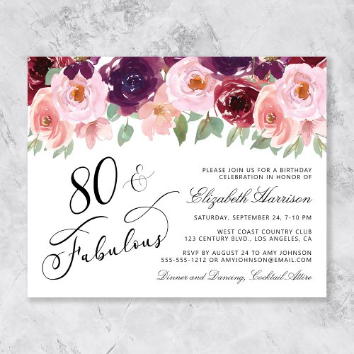 Budget Floral Burgundy Pink 80th Birthday Party