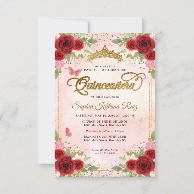 Budget Floral Burgundy Pink Gold Crown Quinceañera Note Card (Front)