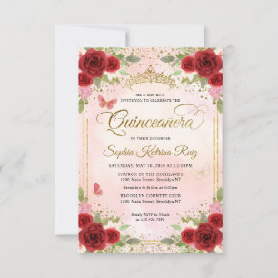 Budget Floral Burgundy Pink Gold Crown Quinceañera Note Card