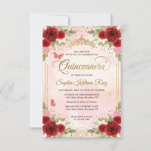 Budget Floral Burgundy Pink Gold Crown Quinceaera Note Card