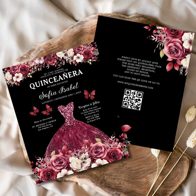 Budget Floral Burgundy QR Code Quinceanera Flyer (Creator Uploaded)