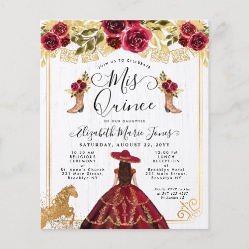 Budget Floral Burgundy Red Gold Charra Quinceanera
