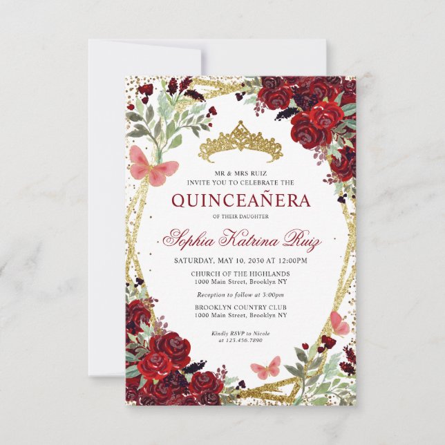 Budget Floral Burgundy Red Gold Tiara Quinceañera Note Card (Front)