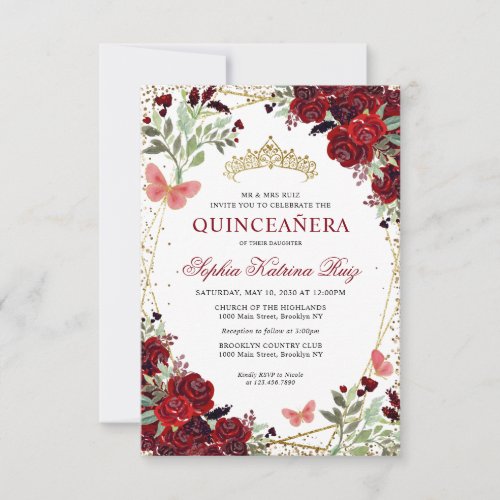 Budget Floral Burgundy Red Gold Tiara Quinceaera Note Card