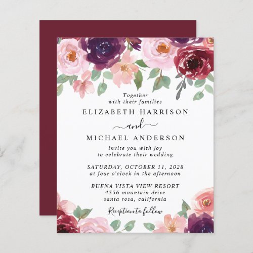 Budget Floral Burgundy Watercolor Wedding Invite