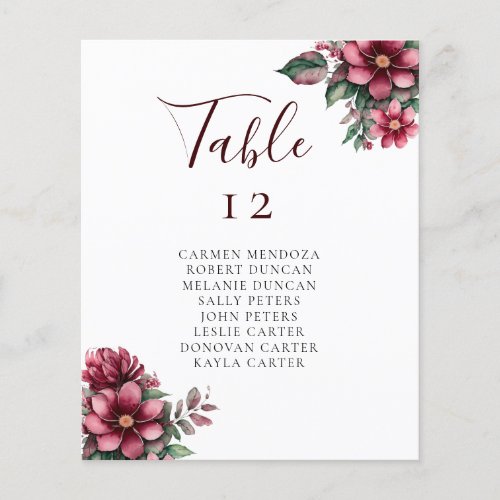 Budget Floral Burgundy Wedding Table Seating Chart
