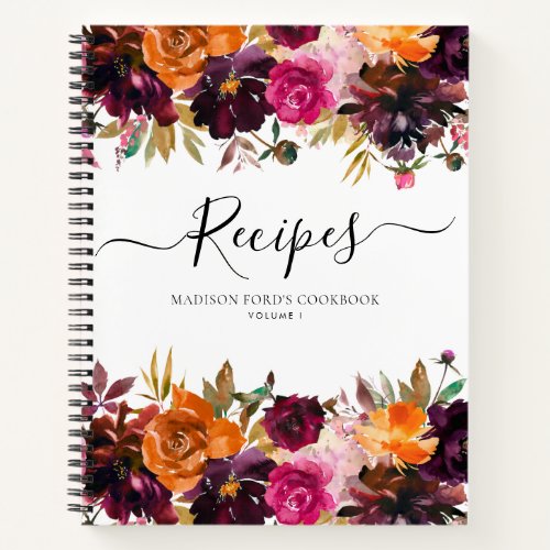 Budget Floral Burgundy Yellow Purple Pink Recipe Notebook