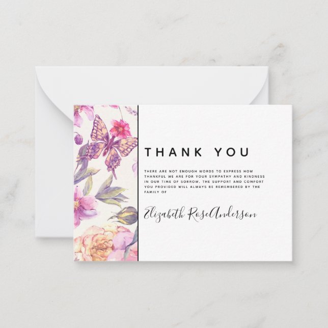BUDGET Floral Butterfly Sympathy Funeral Thank You Note Card (Front)