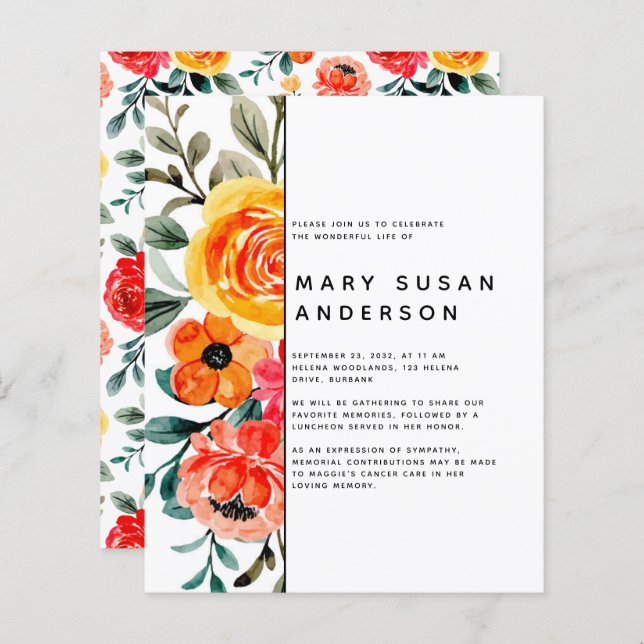 BUDGET Floral Celebration of Life Invitation (Front/Back)