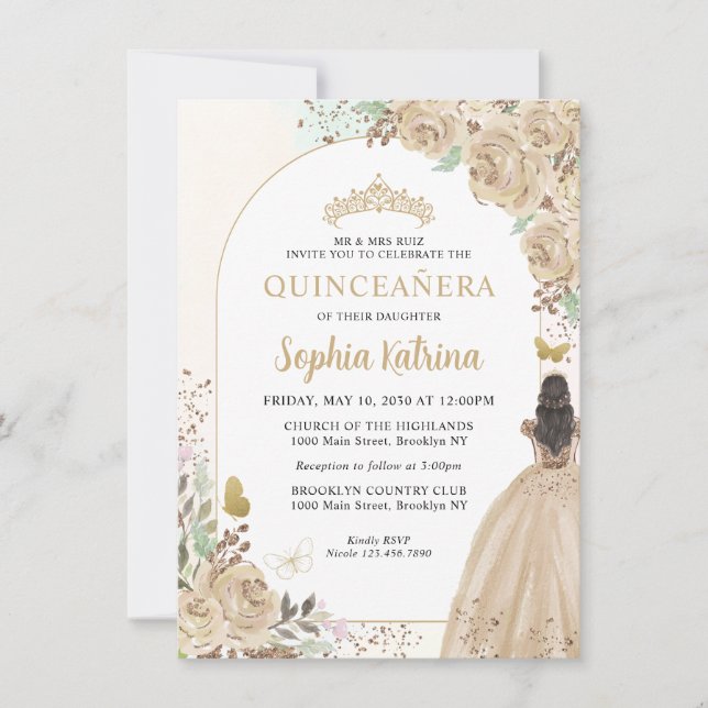 Budget Floral Champagne Gold Princess Quinceanera Note Card (Front)