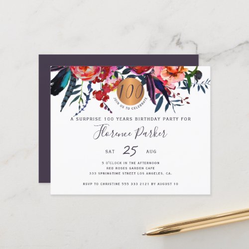Budget floral chic 100th birthday party invitation