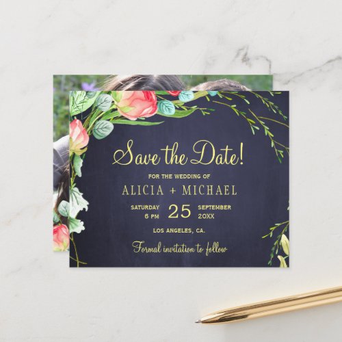 Budget floral chic script photo wedding save date