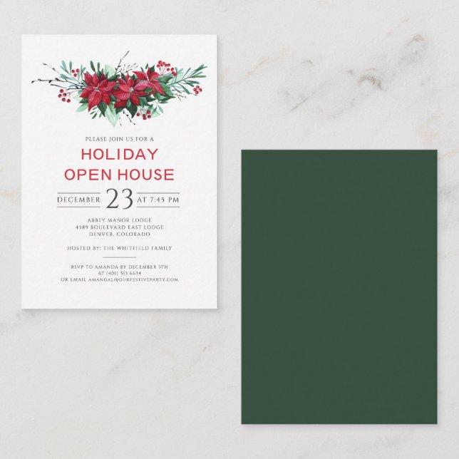 Budget Floral Christmas Holiday Open House Party Note Card (Front/Back)