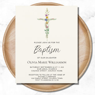 Budget Floral Cross Baptism Invitation