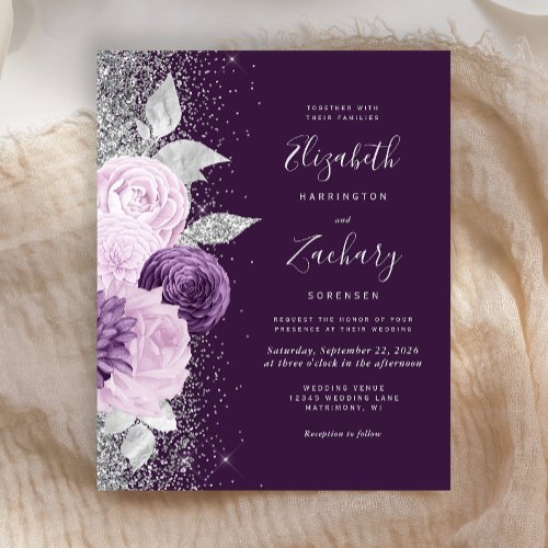 Budget Floral Deep Purple Silver Glitter Wedding