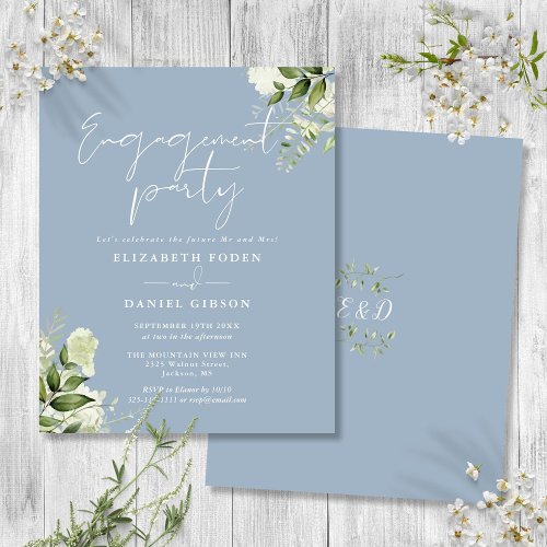 Budget Floral Dusty Blue Engagement Party Invite