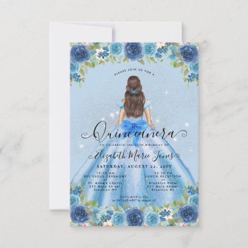 Budget Floral Dusty Blue Glam Princess Quinceanera Note Card