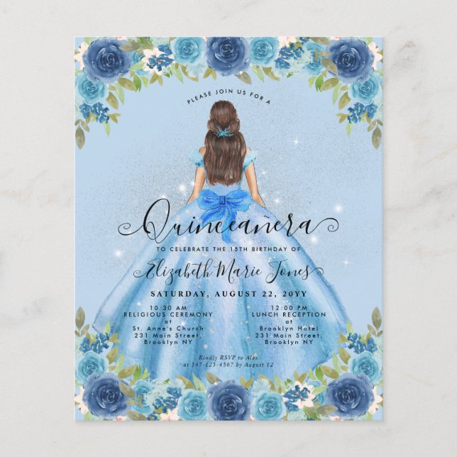 Budget Floral Dusty Blue Gray Princess Quinceanera (Front)