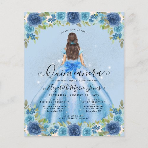 Budget Floral Dusty Blue Gray Princess Quinceanera