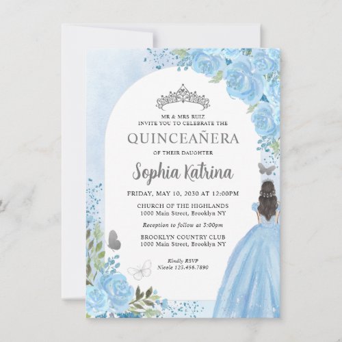 Budget Floral Dusty Blue Gray Princess Quinceanera Note Card