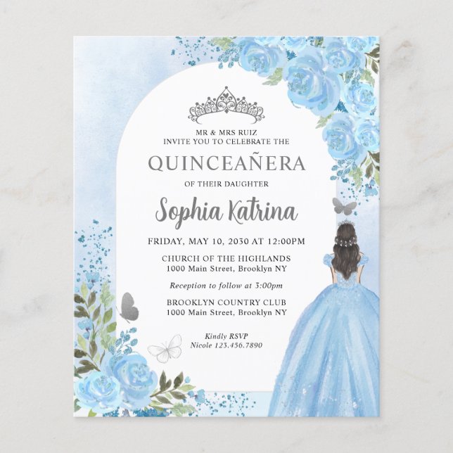 Budget Floral Dusty Blue Princess Quinceanera (Front)