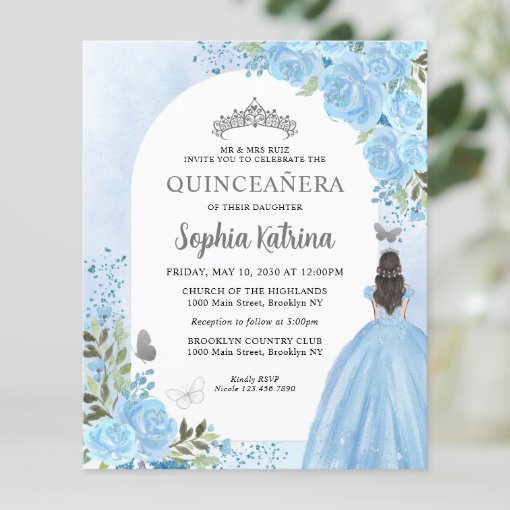 Budget Floral Dusty Blue Princess Quinceanera | Zazzle