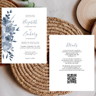 Budget Floral Dusty Blue QR Code Wedding Invite