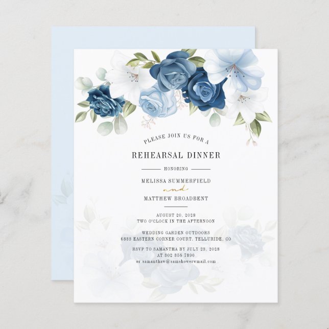 Budget Floral Dusty Blue Rehearsal Dinner Invite (Front/Back)