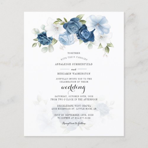 Budget Floral Dusty Blue Script Wedding Invitation