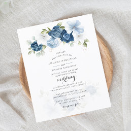 Budget Floral Dusty Blue Script Wedding Invitation