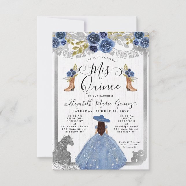 Budget Floral Dusty Blue Silver Charra Quinceanera Note Card (Front)
