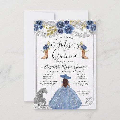 Budget Floral Dusty Blue Silver Charra Quinceanera Note Card