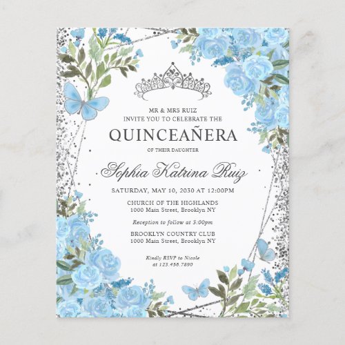 Budget Floral Dusty Blue Silver Quinceaera Invite