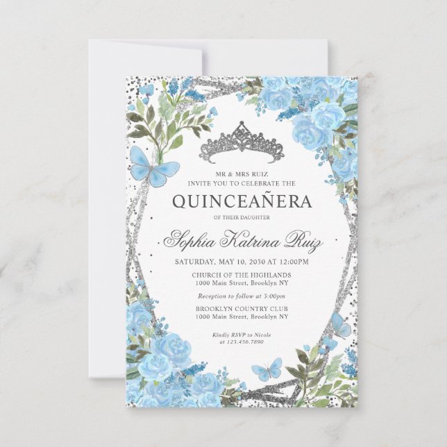 Budget Floral Dusty Blue Silver Tiara Quinceañera Note Card (Front)