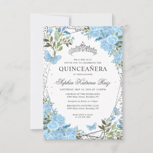 Budget Floral Dusty Blue Silver Tiara Quinceaera Note Card