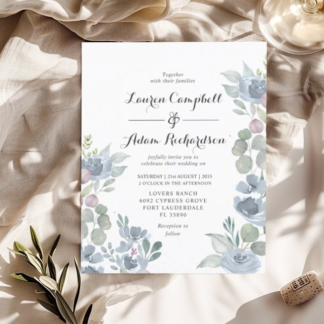 Budget Floral Dusty Blue Wedding Invitation   (Creator Uploaded)
