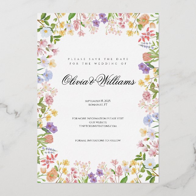 Budget floral elegant script wedding invitation foil invitation (Front)