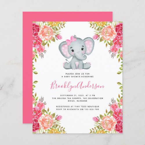 BUDGET Floral Elephant Girl Baby Shower Invitation