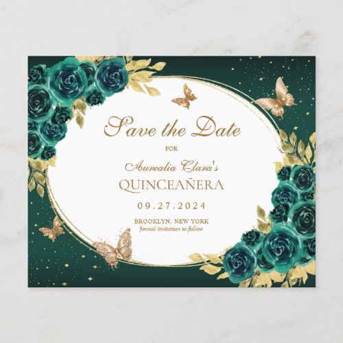 BUDGET Floral Emerald Gold Butterfly Quinceaera