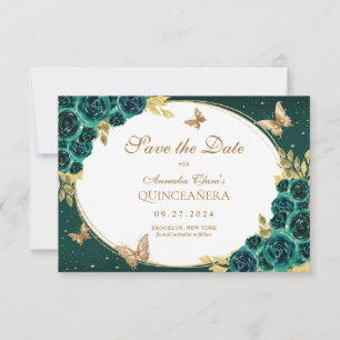 BUDGET Floral Emerald Gold Butterfly Quinceañera Note Card