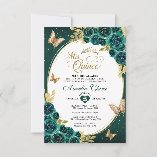 BUDGET Floral Emerald Gold Butterfly Quinceañera Note Card (Front)