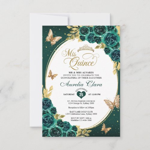BUDGET Floral Emerald Gold Butterfly Quinceaera Note Card