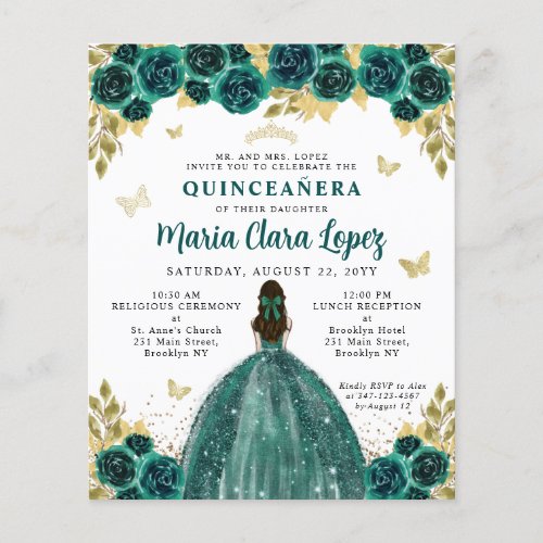 Budget Floral Emerald Gold Princess Quinceanera