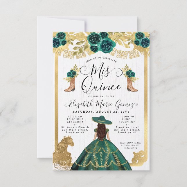 Budget Floral Emerald Green Charra Quinceanera Note Card (Front)