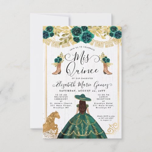 Budget Floral Emerald Green Charra Quinceanera Note Card