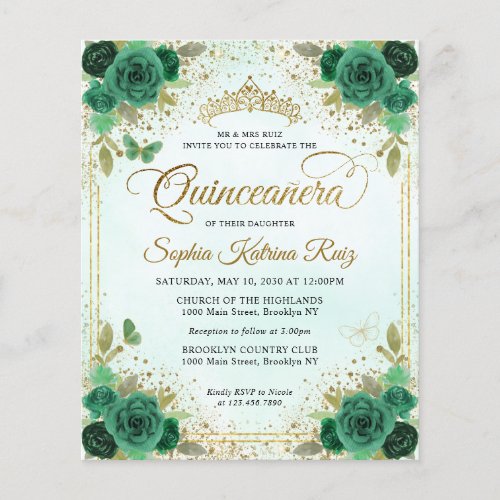 Budget Floral Emerald Green Glam Gold Quinceaera