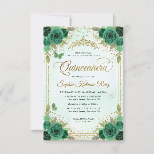 Budget Floral Emerald Green Glam Gold Quinceaera Note Card