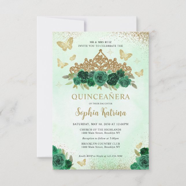 Budget Floral Emerald Green Gold Tiara Quinceañera Note Card (Front)