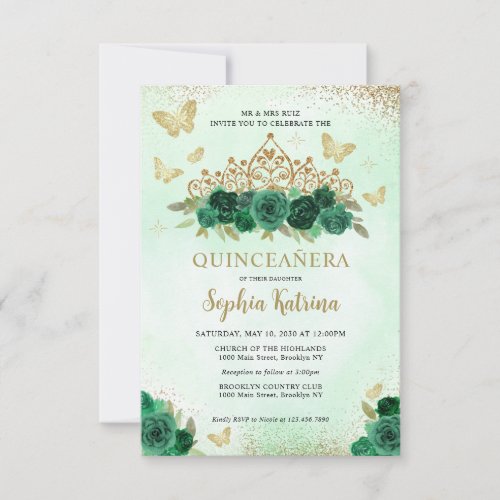 Budget Floral Emerald Green Gold Tiara Quinceaera Note Card